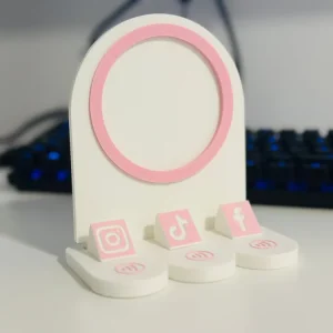 Персонализирана NFC стойка за социални мрежи – със сменяеми бутони (Instagram, TikTok, Facebook)